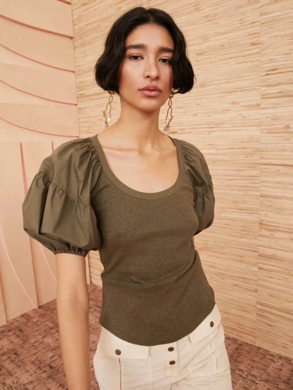 Ulla Johnson Harlowe Puff Sleeve Rib Knit Top Military Melange Olive Green Small - Picture 1 of 11